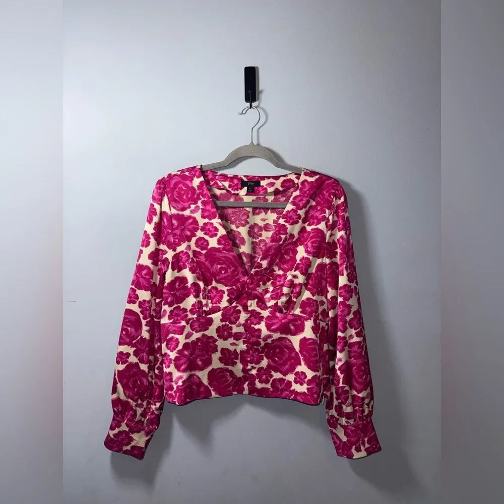 J.Crew Fuchsia Pink Floral V-neck Satin Crepe Blouse Size 10 NWOT feminine